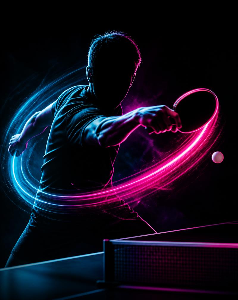 Professional table tennis player striking the ball amid neon light trails